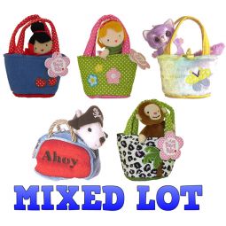 Aurora World Plush - Mini Fancy Pals Pet Carriers - Bulk Mixed Lot of 5 (All Different)(5 inch)