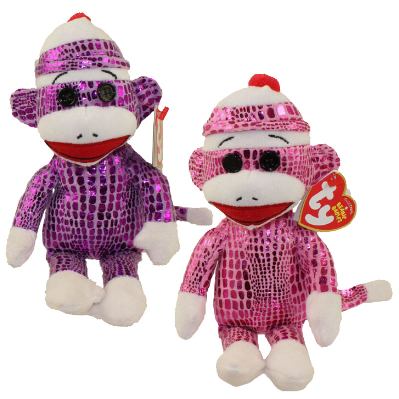 TY Beanie Babies - SOCK MONKEY Set of 2 (Sparkle Pink & Purple)