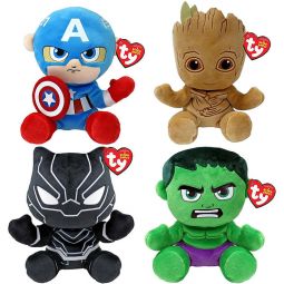 TY Beanie Babies Marvel Super Heroes - SET OF 4 (Groot, Hulk, Capt. America & Black Panther) [2023]