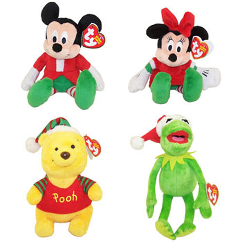 TY Beanie Babies - Set of 4 Disney Holiday (Mickey, Minnie, Kermit & Pooh) (Walgreens Exclusives)