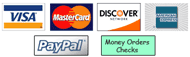 We accept: Visa, MasterCard, Discover, American Express, PayPal, Checks and Money Orders. We accept: Visa, MasterCard, Discover, American Express, PayPal, Checks and Money Orders.