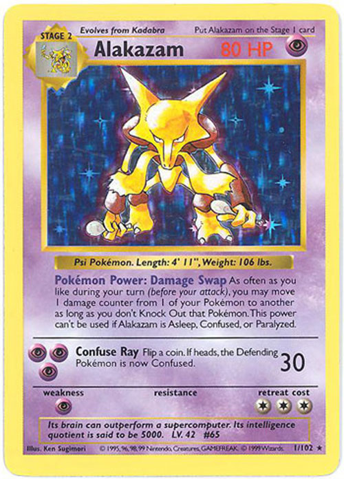 Pokemon Card - Base 1/102 - ALAKAZAM (holo-foil) **Shadowless**