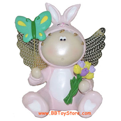 Russ Angel Cheeks Figurine - ANGEL PINK BUNNY ( with Flowers & Butterfly )