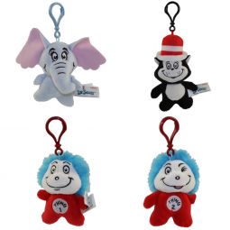 Aurora World Plush - Dr. Seuss - SET OF 4 (Horton, Cat in the Hat & Things 1 & 2)(Plastic Key Clips)