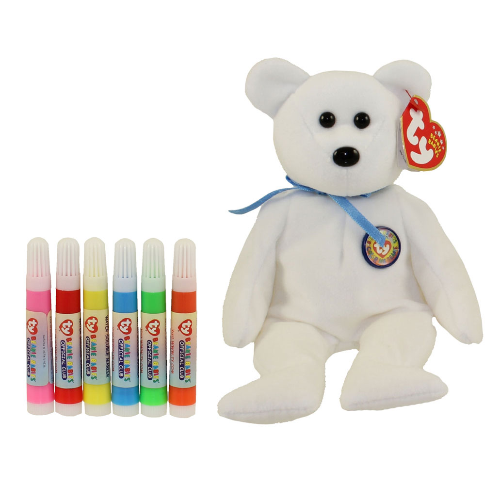 TY Beanie Baby - COLOR ME TEDDY BEAR w/ Markers (Blue Ribbon) (7.5 inch)