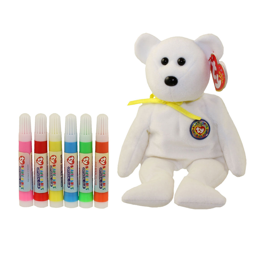 TY Beanie Baby - COLOR ME TEDDY BEAR w/ markers (Yellow Ribbon) (7.5 inch)