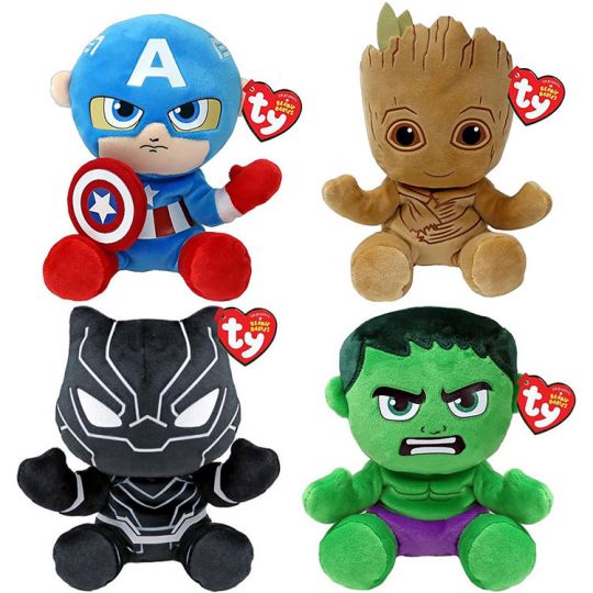 TY Beanie Babies Marvel Super Heroes - SET OF 4 (Groot, Hulk, Capt