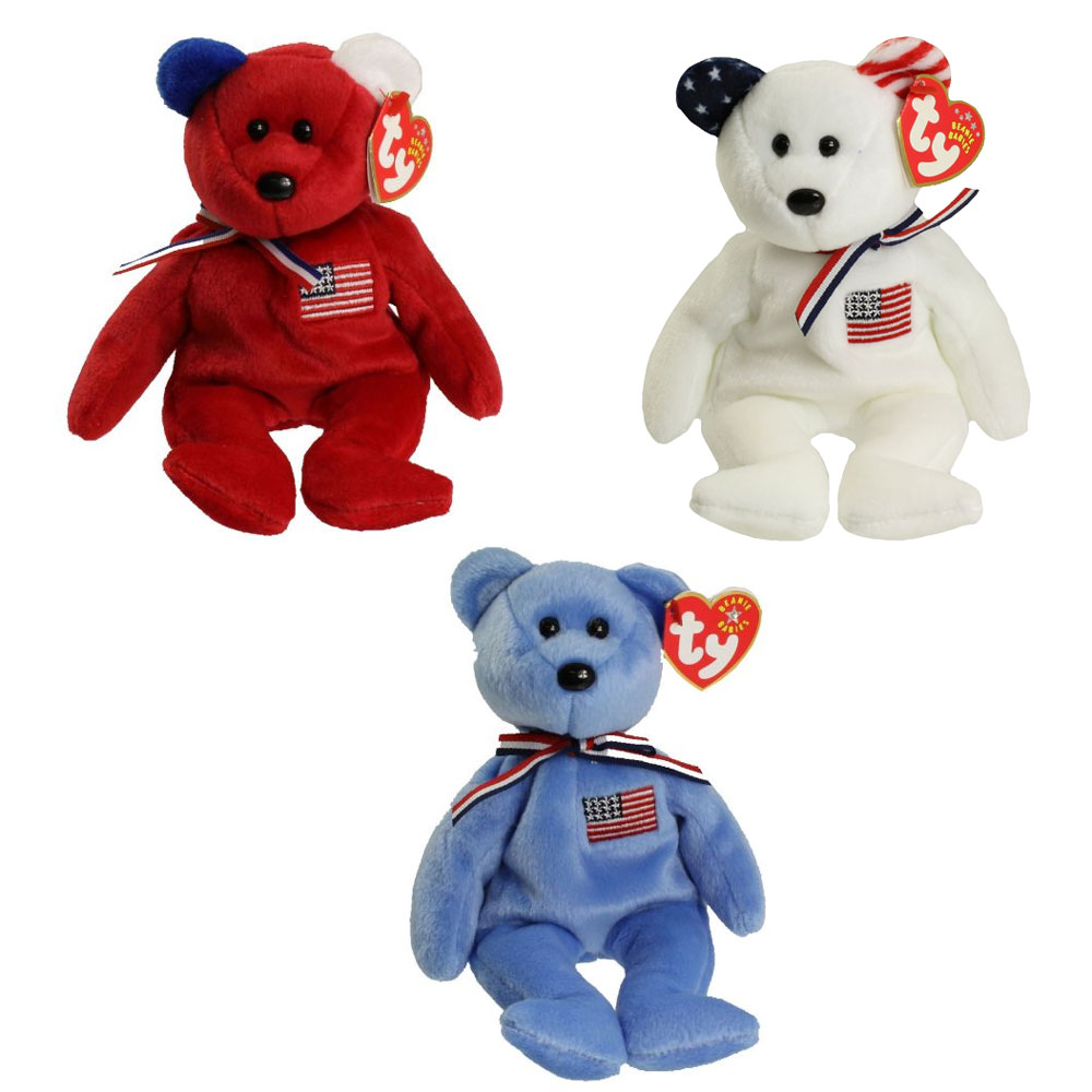 TY Beanie Babies AMERICA Bears (Set of 3 Colors Red, White & Blue