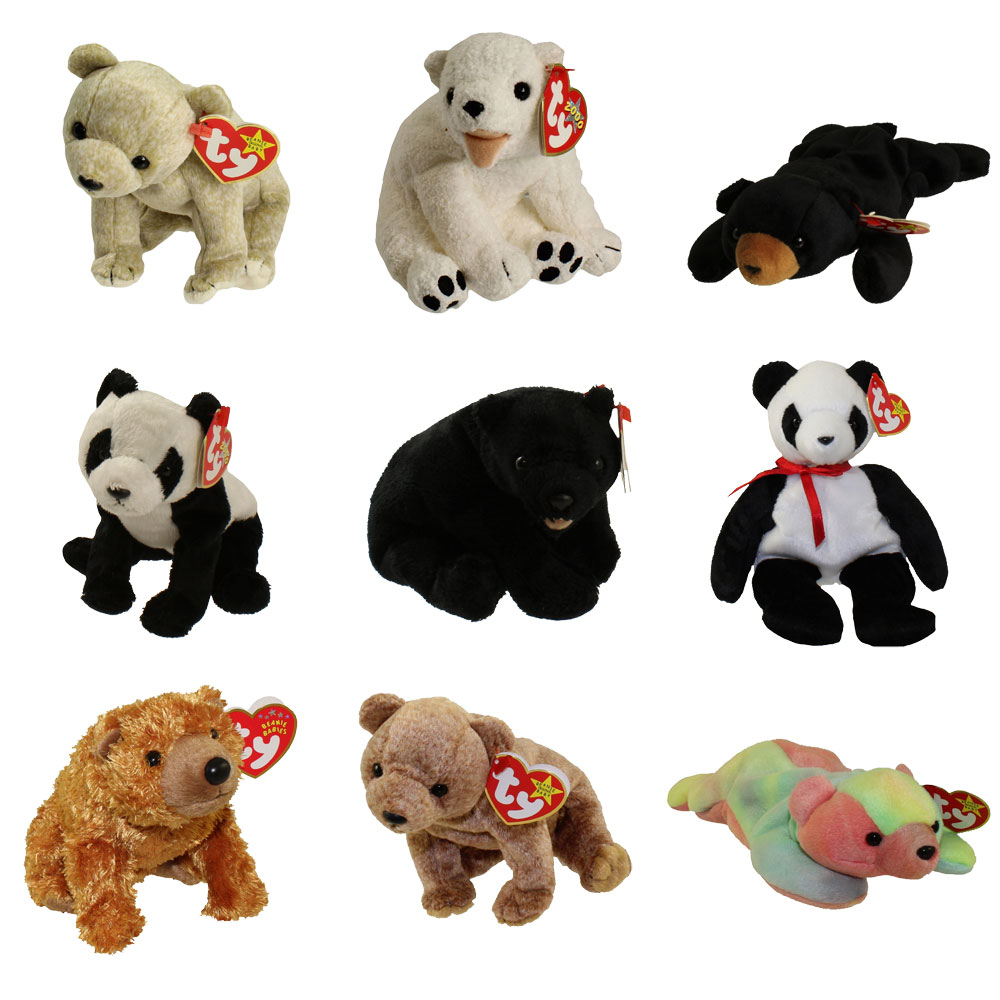 TY Beanie Babies - SET OF 9 ANIMAL BEARS (Almond, China, Cinders, Sammy, Sequoia +4)(5-8.5 inch