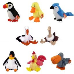 TY Beanie Babies - BIRDS #2 (Set of 8)(Puffer, Quackers, Scoop, Stilts, Waddle, Strut +2)(5.5-6.5 in