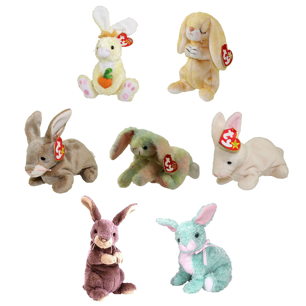 TY Beanie Babies - SET OF 7 BUNNIES (Nibbly, Nibbler, Cottonball, Grace, Spring +2)(5-8 inch)