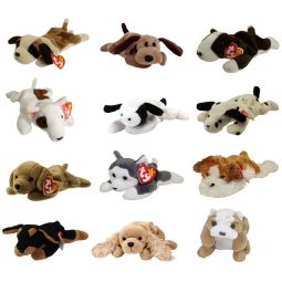 TY Beanie Babies - DOGS #1 (Set of 12)(Bernie, Bones, Fetch, Nanook, Spot, Spunky +6)(7.5-9 inch)