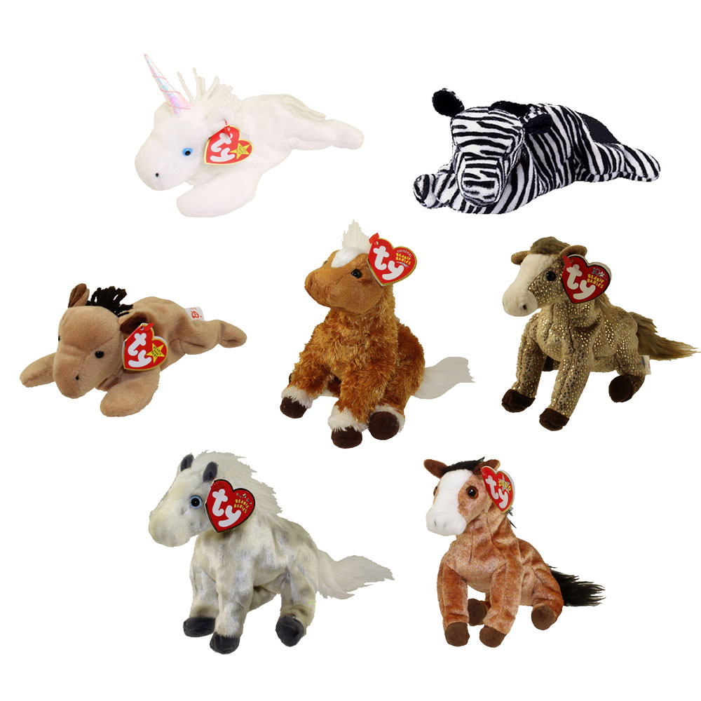 TY Beanie Babies - HORSES, ZEBRA & UNICORN (Set of 7)(Derby, Mystic, Durango, Ziggy +3)(5.5-8 in)