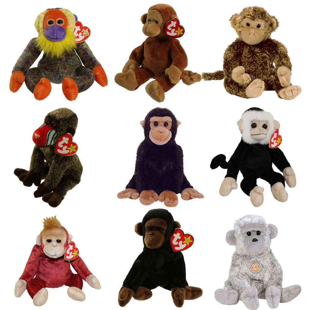 TY Beanie Babies - SET OF 9 PRIMATES (Mooch, Congo, Cheeks, Bananas, Weaver, Bongo +3)(5.5-9 inch)