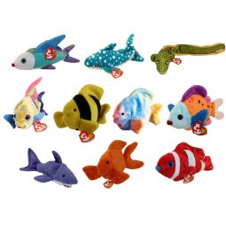 TY Beanie Babies - SET OF 10 FISH & SEALIFE (Coral, Aruba, Bubbles, Morrie, Poseidon +5)(6-8.5 inch)