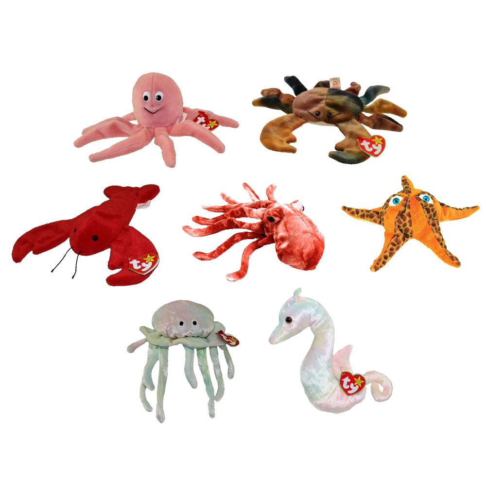 TY Beanie Babies - SET OF 7 SEALIFE INVERTABRATES (Claude, Goochy, Pinchers, Wish +3)(6.5-8.5 inch)