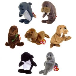 TY Beanie Babies - SET OF 7 SEALIFE MAMMALS (Tusk, Jolly, Waves, Seaweed, Paul +2)(6-7.5 inch)