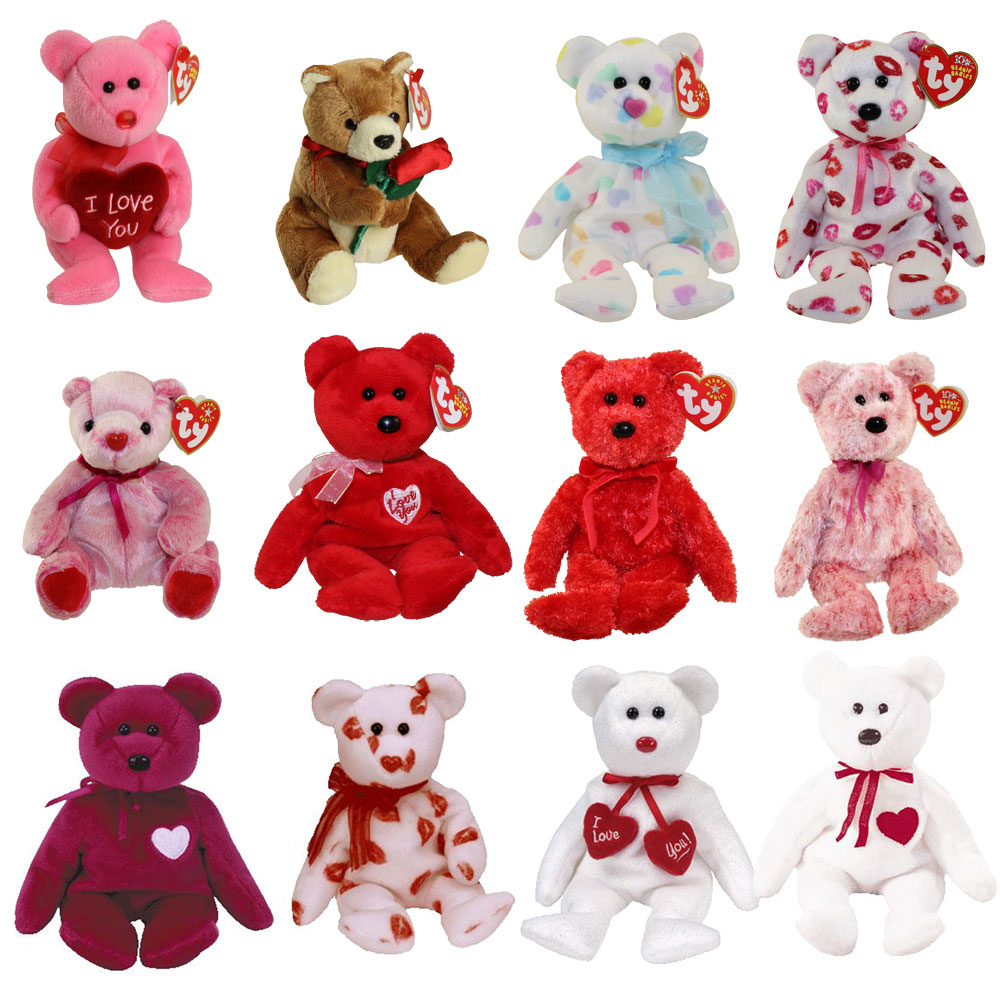 TY Beanie Babies - VALENTINE'S DAY BEARS (Set of 12)(Smitten, Smooch, Adore, Kissy +8)(5-9 in)