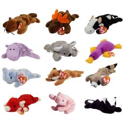 TY Beanie Babies - WILD ANIMALS #1 (Set of 12)(Bucky, Daisy, Happy, Mel, Patti, Sly +6)(8-9.5 inch)