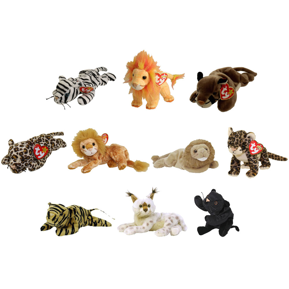 TY Beanie Babies - WILD CATS (Set of 10)(Blizzard, Bushy, Canyon, Freckles, Orion +5)(5.5-9 in)