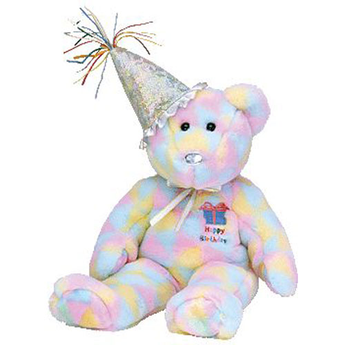 TY Beanie Buddy - HAPPY BIRTHDAY the Bear (Pastel Ty-dyed w/ hat) (15.5 inch)