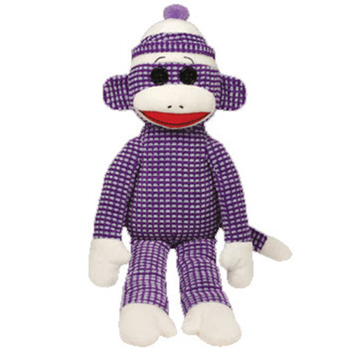 TY Beanie Buddy - SOCK MONKEY (Purple Quilted) (Medium - 16 inch)