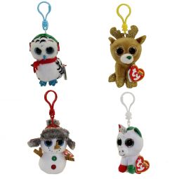 TY Beanie Boos - Set of 4 Christmas 2018 Releases (Key Clips) (Buttons, Nester, Glitzy & Candy Cane)