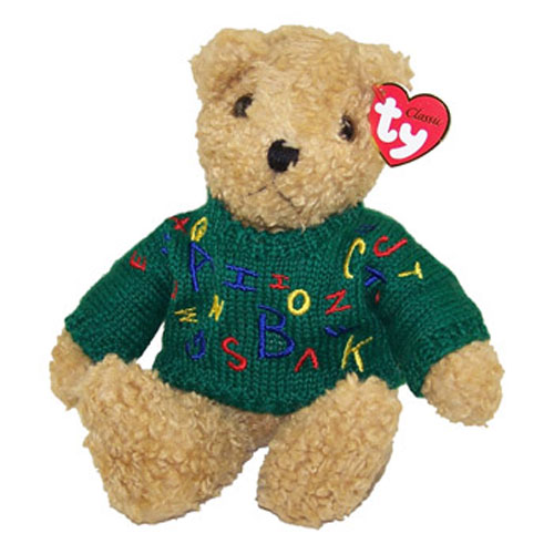 TY Classic Plush - BABY CURLY the Bear (small - Green Sweater w/ Letters) (11 inch)