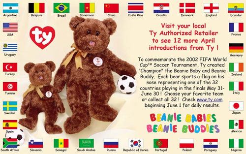 TY Beanie Babies - CHAMPION the FIFA Bears (Complete set - All 32 Different Countries) (8.5 inch)