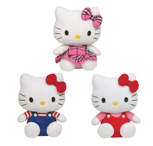 TY Beanie Babies - HELLO KITTY (Set of 3 - Tartan Plaid, Blue & Red Overalls)