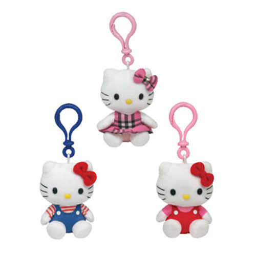 TY Beanie Babies - HELLO KITTY (Set of 3 - Plastic Key Clips - Tartan Plaid, Blue & Red Overalls)
