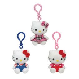 TY Beanie Babies - HELLO KITTY (Set of 3 - Plastic Key Clips - Tartan Plaid, Blue & Red Overalls)