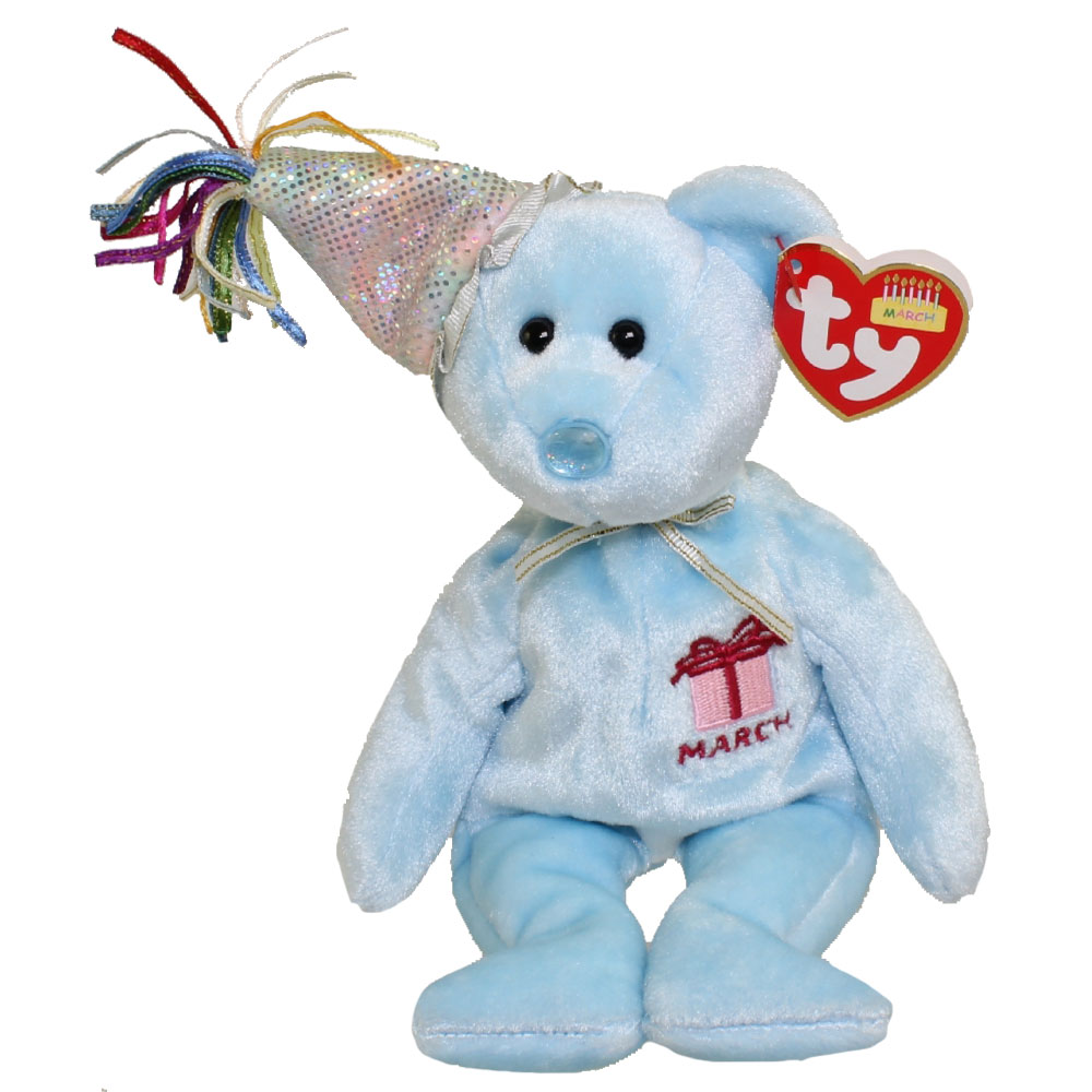 TY Beanie Baby - MARCH the Teddy Birthday Bear (w/ hat) (9.5 inch)