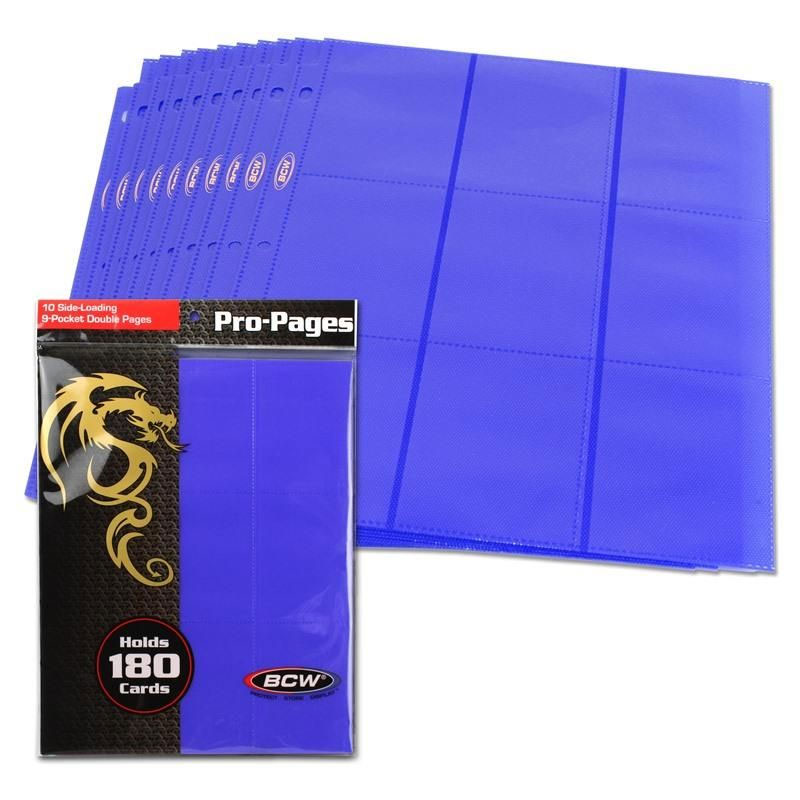 BCW Trading Card Supplies - PACK OF 10 SIDE-LOADING 9-POCKET DOUBLE PAGES (Blue - Holds 180 Cards)