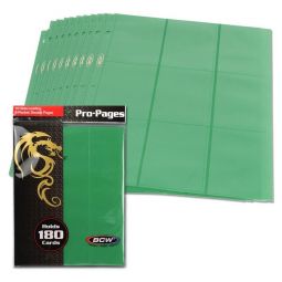 BCW Trading Card Supplies - PACK OF 10 SIDE-LOADING 9-POCKET DOUBLE PAGES (Green - Holds 180 Cards)