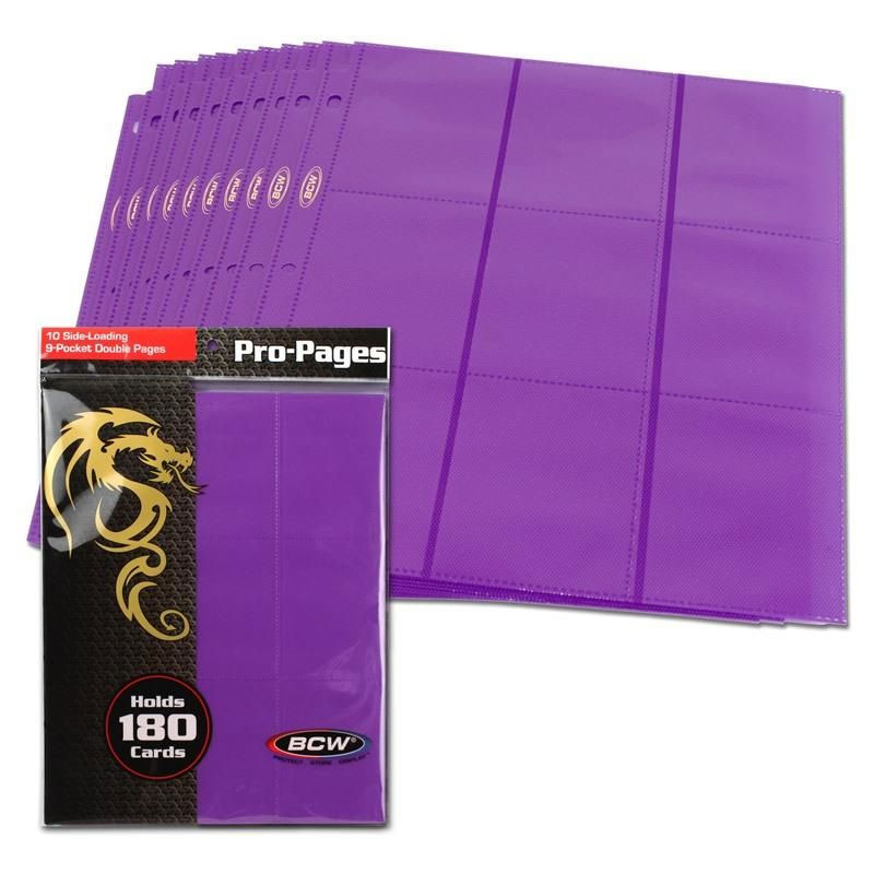 BCW Trading Card Supplies - PACK OF 10 SIDE-LOADING 9-POCKET DOUBLE PAGES (Purple - Holds 180 Cards)
