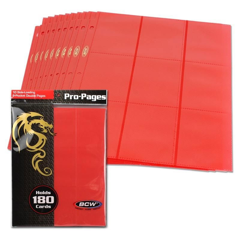 BCW Trading Card Supplies - PACK OF 10 SIDE-LOADING 9-POCKET DOUBLE PAGES (Red - Holds 180 Cards)
