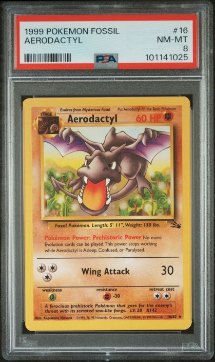 PSA 8 - Pokemon Card - Fossil 16/62 - AERODACTYL (rare) - NM-MT: BBToyStore.com - Toys, Plush, Trading Cards, Action Figures & Games online retail store shop sale PSA 8 - Pokemon Card - Fossil 16/62 - AERODACTYL (rare) - NM-MT: BBToyStore.com - Toys, Plush, Trading Cards, Action Figures & Games online retail store shop sale
