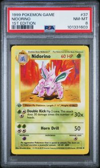 PSA 8 - Pokemon Card - Base 37/102 - NIDORINO (uncommon) *1st Edition* - NM-MT PSA 8 - Pokemon Card - Base 37/102 - NIDORINO (uncommon) *1st Edition* - NM-MT