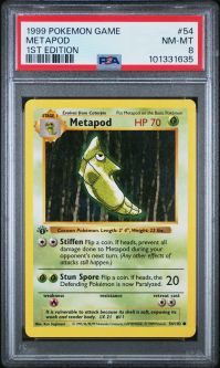 PSA 8 - Pokemon Card - Base 54/102 - METAPOD (common) *1st Edition* - NM-MT