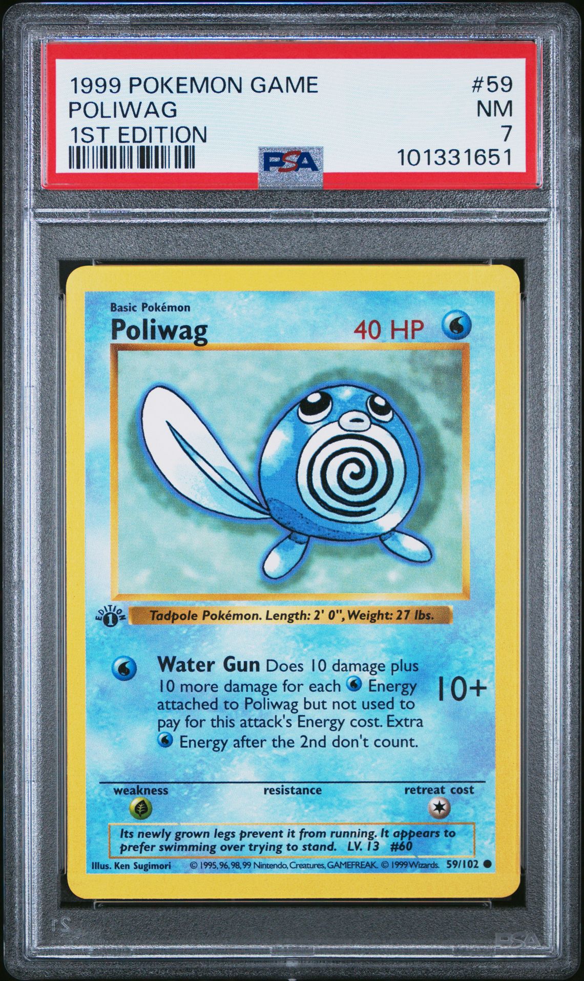 PSA 7 - Pokemon Card - Base 59/102 - POLIWAG (common) *1st Edition* - NM