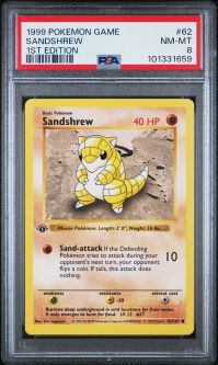 PSA 8 - Pokemon Card - Base 62/102 - SANDSHREW (common) *1st Edition* - NM-MT
