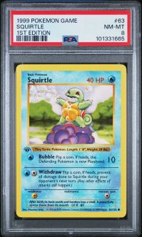 PSA 8 - Pokemon Card - Base 63/102 - SQUIRTLE (common) *1st Edition* - NM-MT