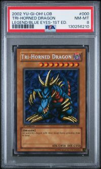 PSA 8 - Yu-Gi-Oh Card - LOB-000 - TRI HORNED DRAGON (secret rare holo) *1st Edition* - NM-MT