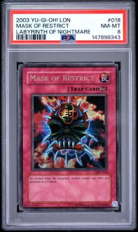 PSA 8 - Yu-Gi-Oh Card - LON-018 - MASK OF RESTRICT (ultra rare holo) - NM-MT
