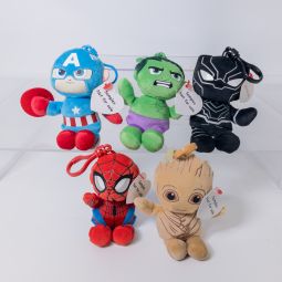 Set of 5 TY Marvel Beanie Clips - CAPTAIN AMERICA, GROOT, HULK, SPIDERMAN, & BLACK PANTHER *SAMPLES*