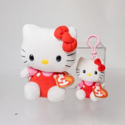 Lot of 2 - HELLO KITTY [Red Overalls & Red Bow] - Beanie Baby & Key Clip *NON-MINT*