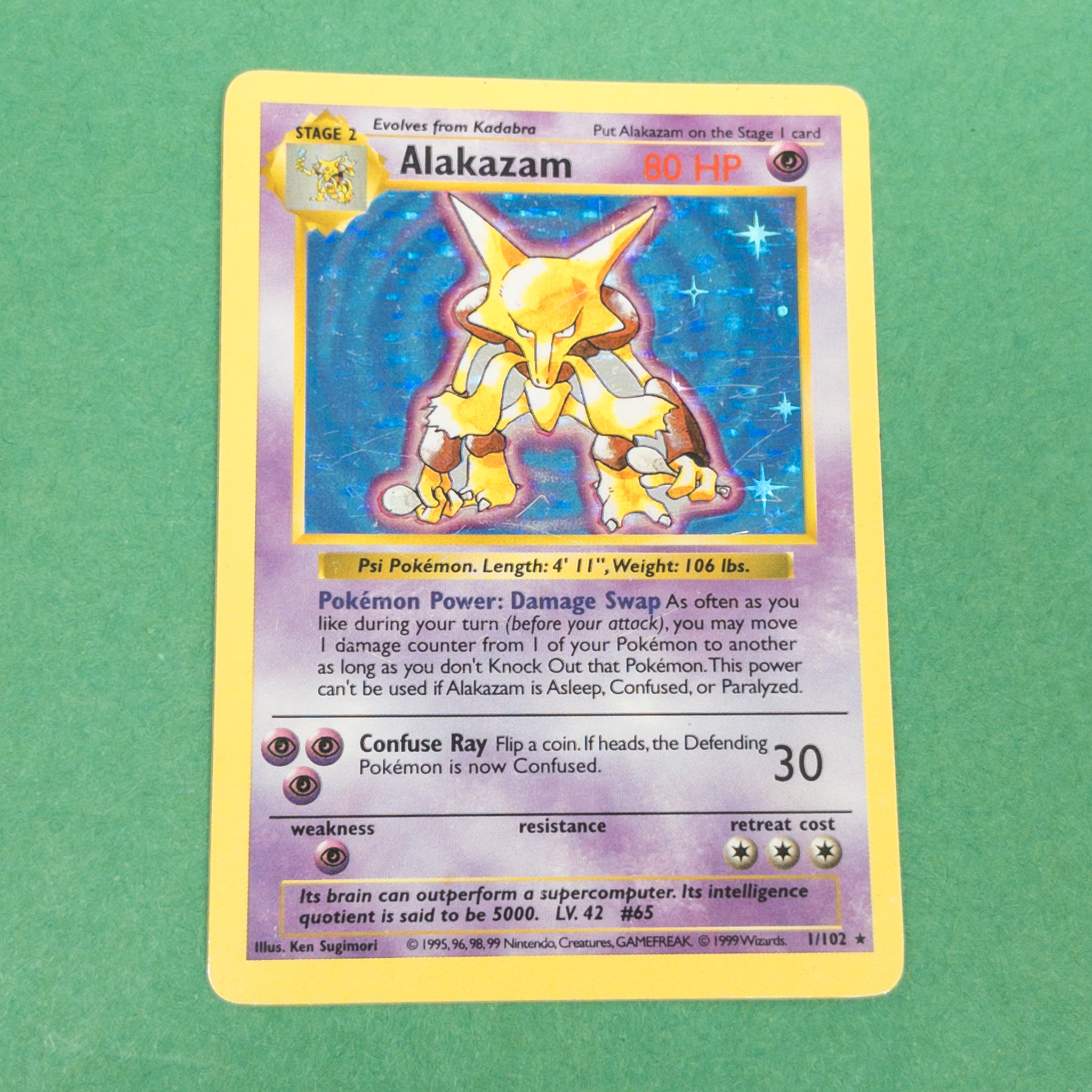 Pokemon Card - Base 1/102 - ALAKAZAM (holo-foil) *Shadowless* *NM - Played*