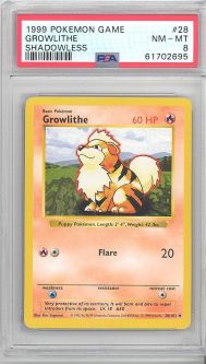 PSA 8 - Pokemon Card - Base 28/102 - GROWLITHE (uncommon) *Shadowless* NM-MT