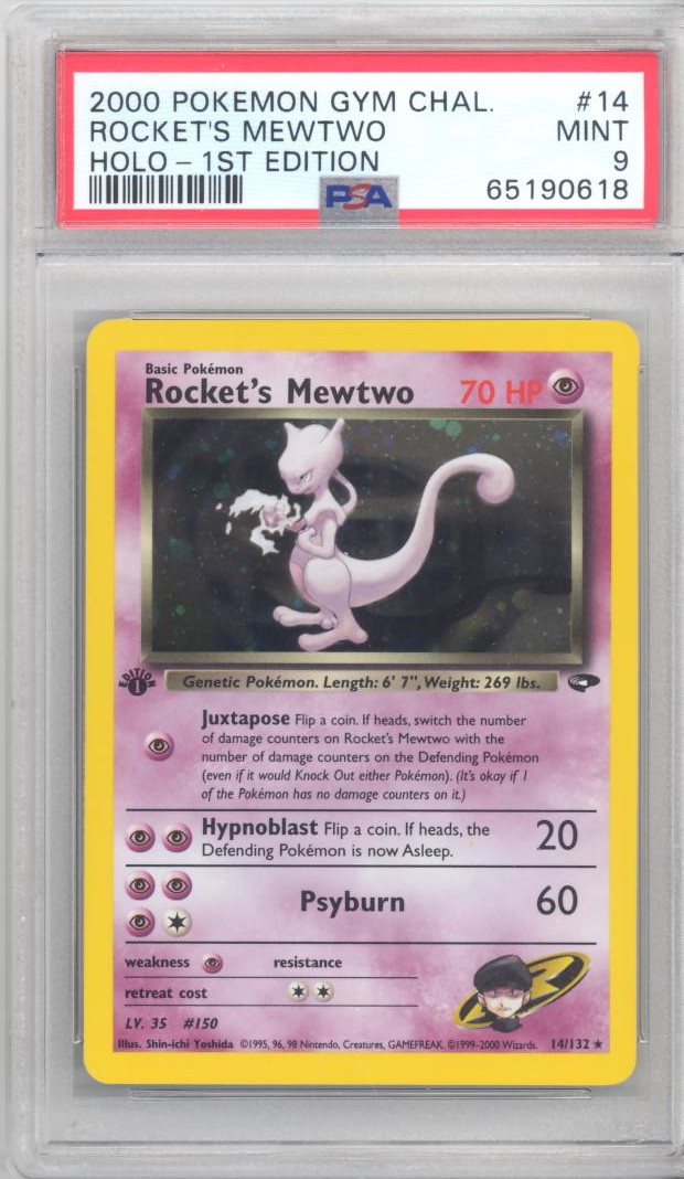 PSA 9 - Pokemon Card - Gym Challenge 14/132 - ROCKET'S MEWTWO (holo-foil) *1st Edition* - MINT